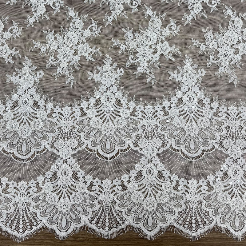 GCW-D4277CGEF-01 | Beaded & Sequined Fan-Scalloped Cord Lace | 3D Embossed Luxury Bridal Fabric
